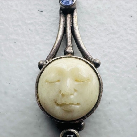 Vintage SAJEN Sterling Silver and Carved Moon Face Dangle Earrings - Picture 3 of 4